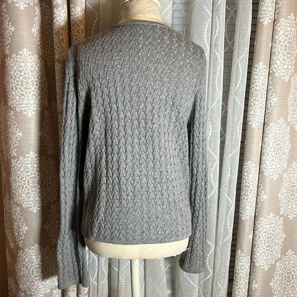 Kate Hill Linen Crochet Style Knit Cardigan w/ beaded detailing. Size Large